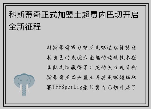科斯蒂奇正式加盟土超费内巴切开启全新征程
